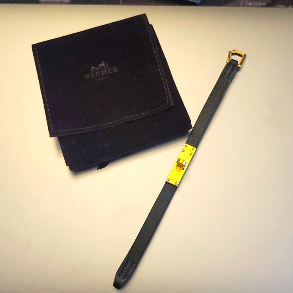 Rare! Hermes Chamonix Kelly Bracelet S Gold Black Leather Velvet Pouch - Picture 4 of 12